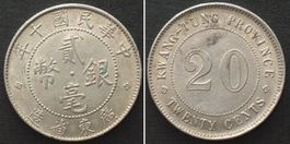 CHINA - KWANGTUNG 20 Cents J.10 (1921) REPUBLIK Silber unz-