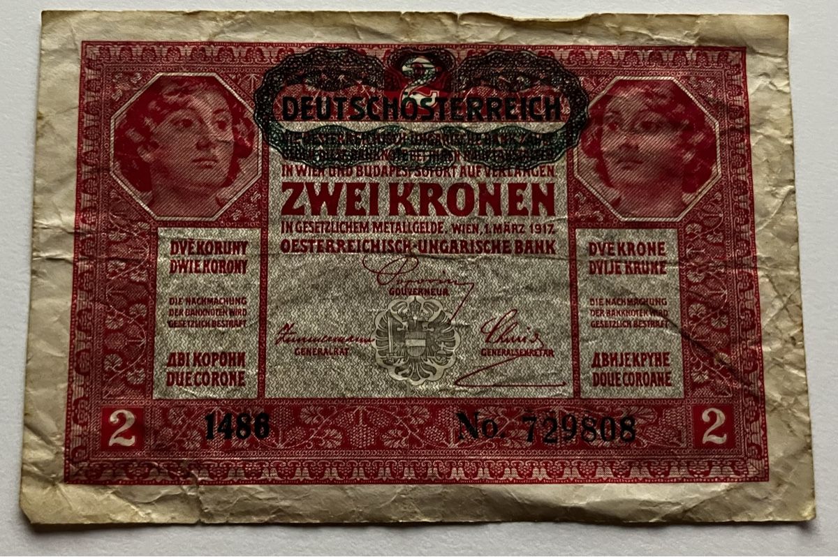 Banknoten: Österreich 2 Kronen 1917 – Gebraucht aus Algetshausen von Carrhard