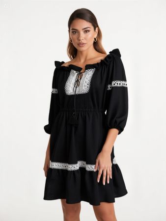 Holy Caftan Schwarzes Kleid aus Spitze Gr. M Boho