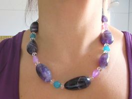 Collier mit grossen Amethysten, Aquamarinen, 925 Verlschluss