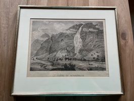Lithographie Mürrenbachfall, fachmännisch gerahmt versilbert