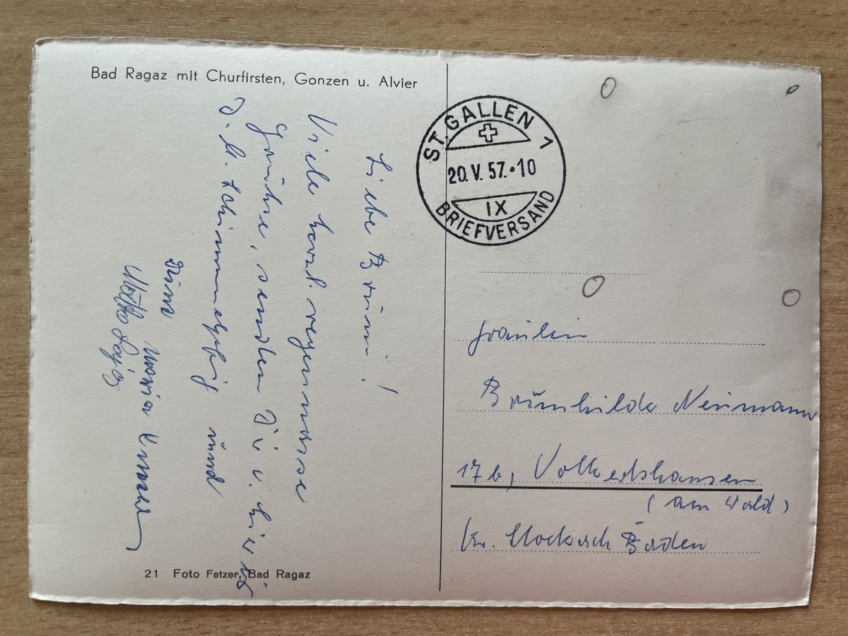 Cartoline postali: Alte Ansichtskarte Bad Ragaz Churfirsten 1957 – Usato da Neuhausen am Rheinfall venduto da Arielle55 1