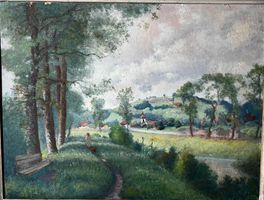 S. Pécaro Waldszene Acryl / Pavatex 59 x 74 cm antik