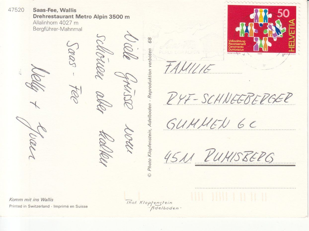Cartoline postali: Saas Fee Metro Alpin 1991 – Usato da Bürglen TG venduto da StampGraf 1