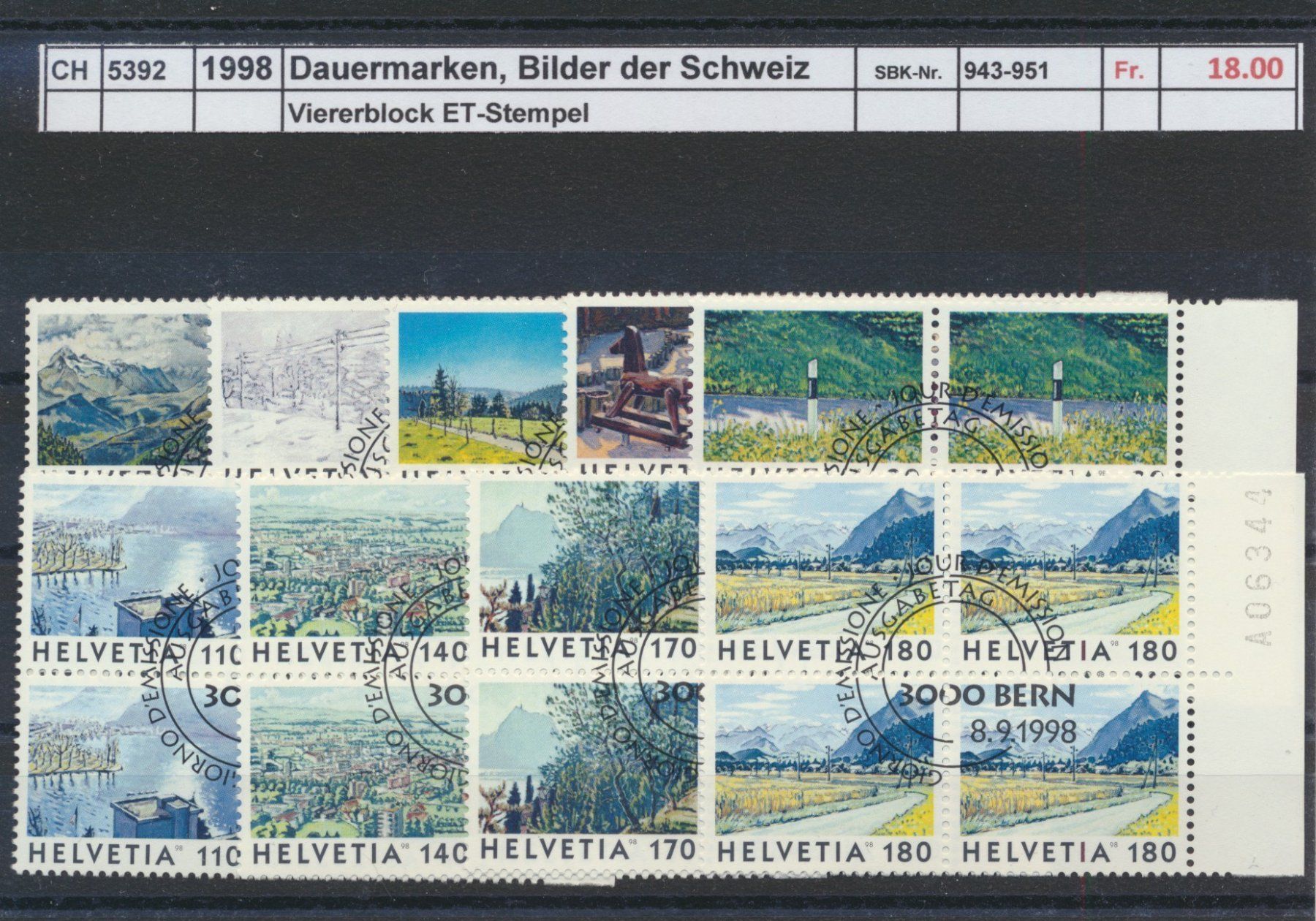 Tutti i francobolli: 1998 Dauermarken "Bilder der Schweiz", Viererblock, ET – Usato da Winterthur venduto da Zupogeru