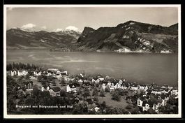 AK Hergiswil, Ortsansicht mit Bürgenstock und Rigi