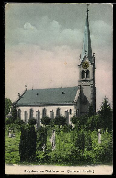 Cartes postales: AK Erlenbach, Kirche mit Friedhof – D'occasion à Berlin par bartko-reher