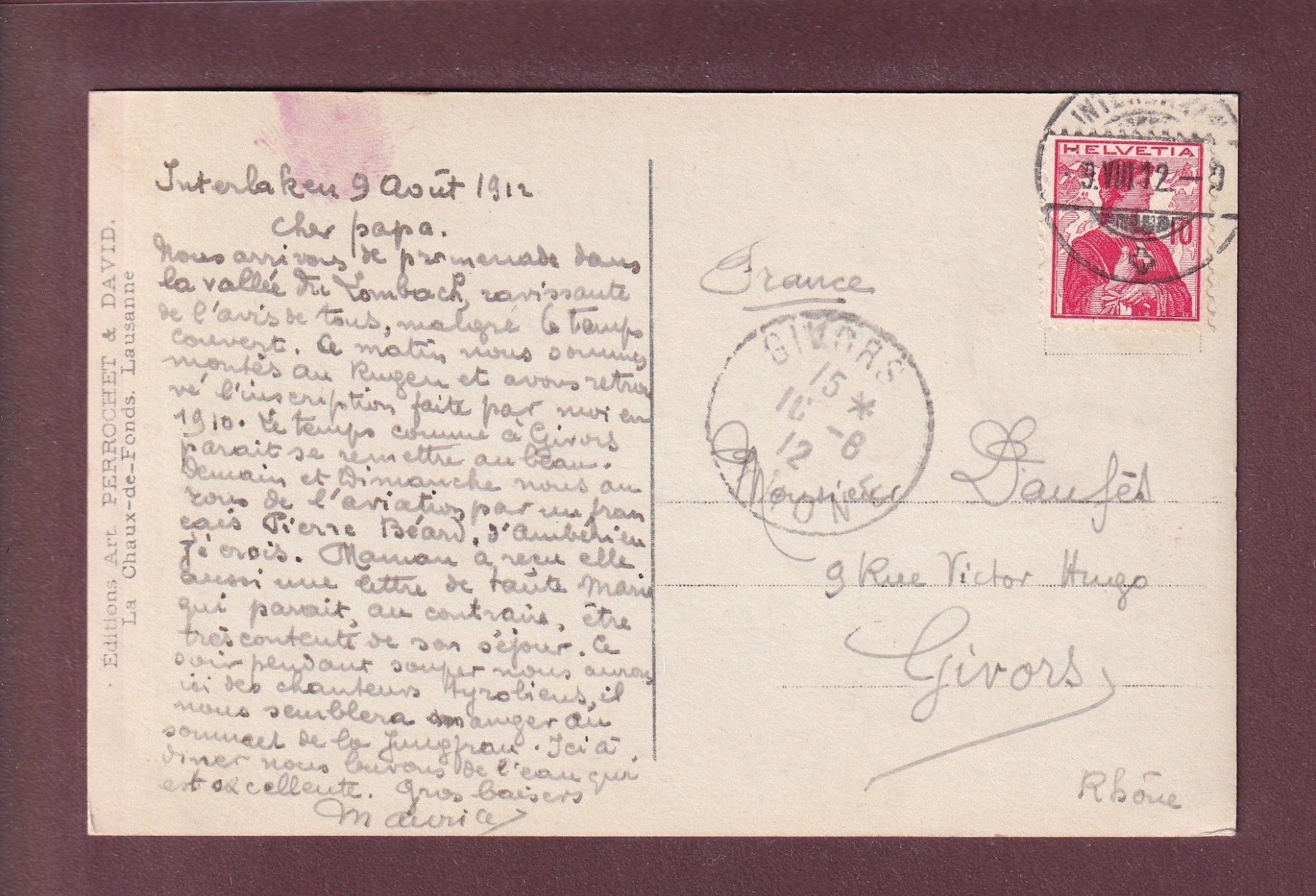 Ansichtskarten: INTERLAKEN - Am Aareufer - 1912 – Gebraucht aus Pully von nicecards 1