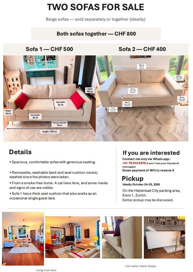 Divani: 2 Spacious Beige Sofas – Comfortable, Washable Covers – Zuri – Usato da Zürich venduto da Clem...etc 5