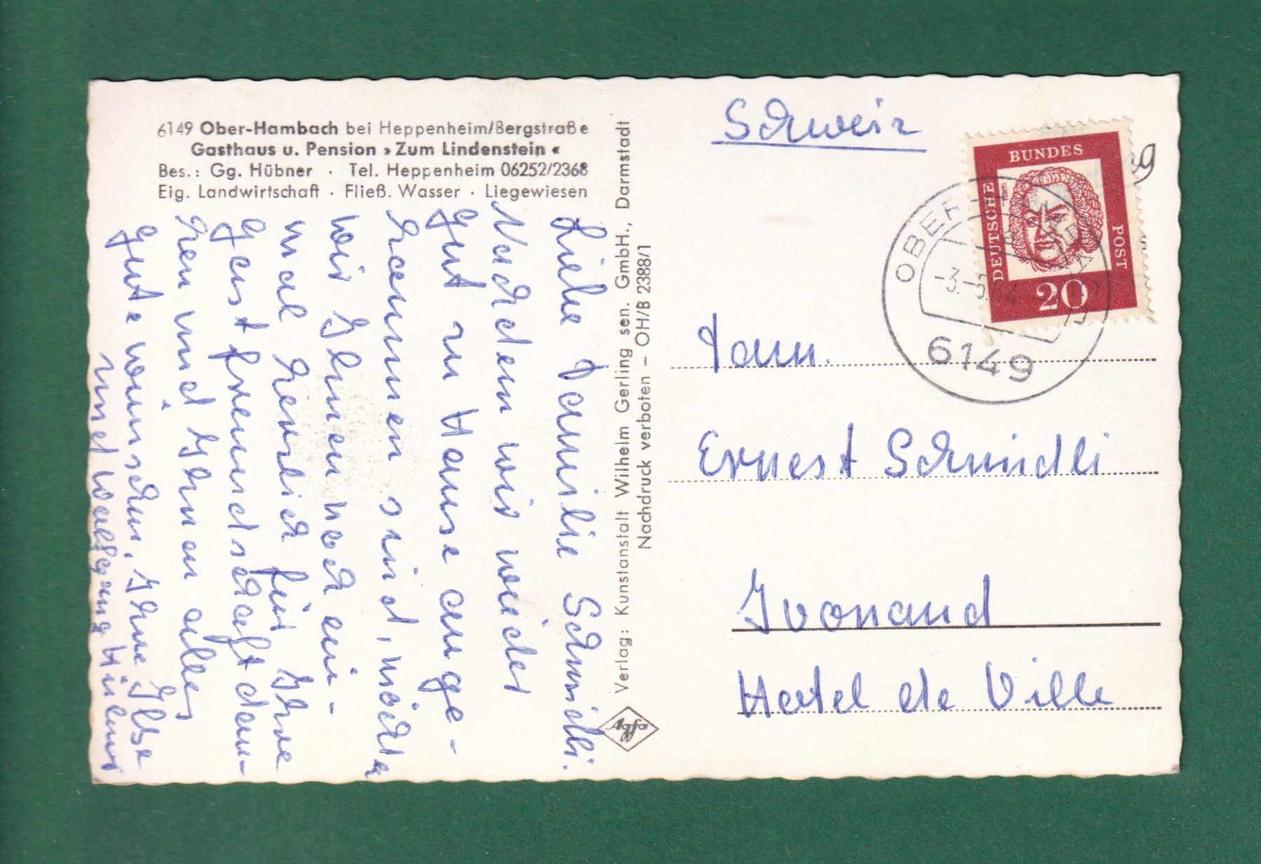 Cartoline postali: OBER-HAMBACH - 1964 – Usato da Pully venduto da nicecards-shop 1