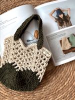 Crocheted bag beige green handmade medium size