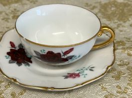 Vintage Teetasse mit Unterteller, Rosenmuster, Goldrand