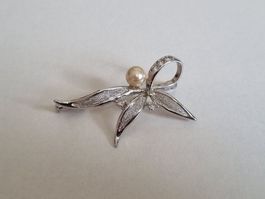 Wunderschöne Brosche 925er Silber mit Perle + 2 Steinchen
