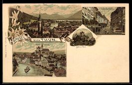 Lithographie Thun, Stadt-Schloss, Straßenpartie der Oberen H