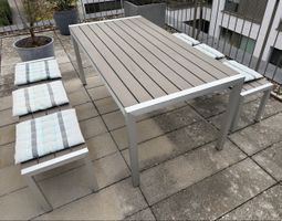 Gartentisch mit zwei Bänken Aluminium grau
