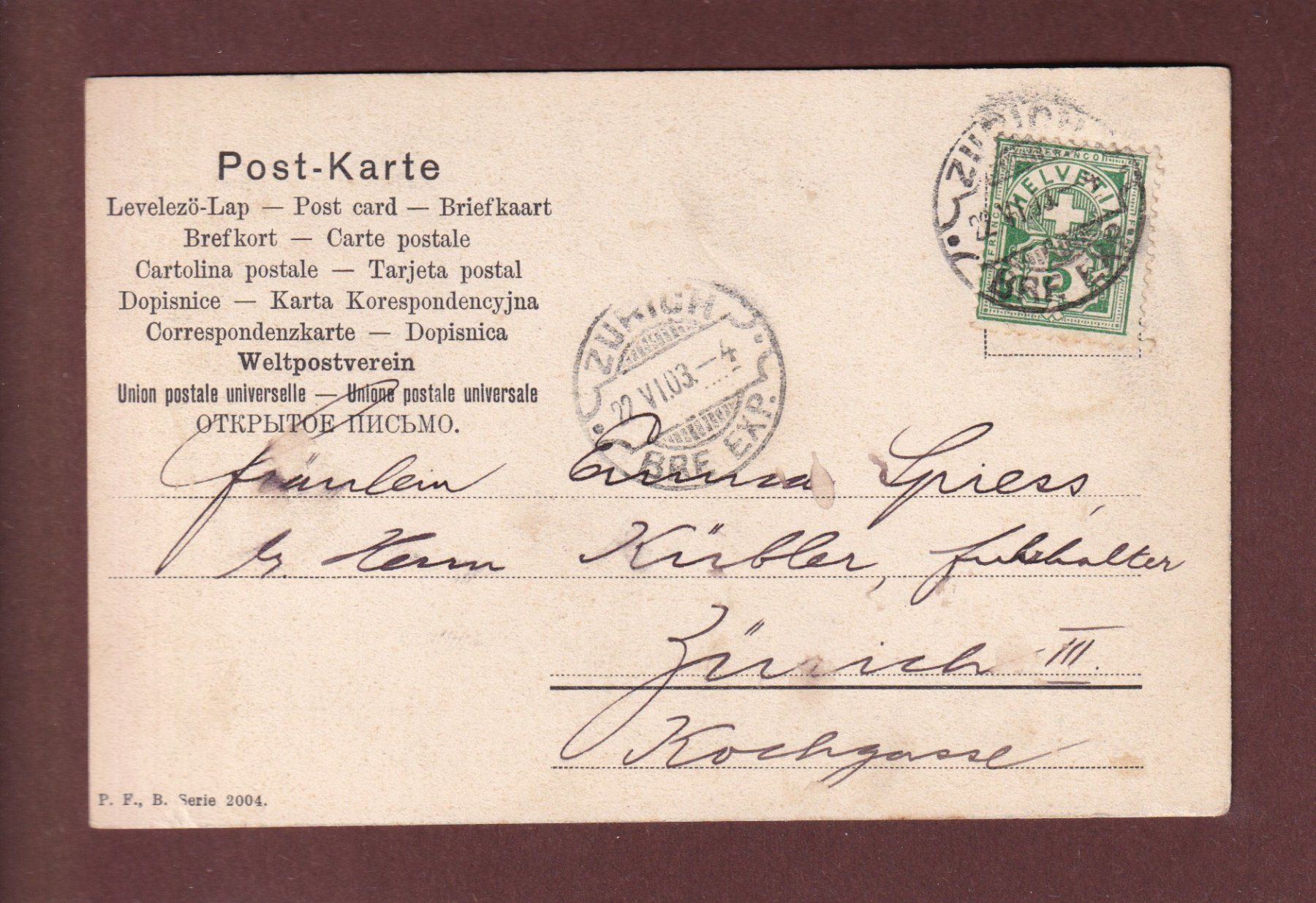 Ansichtskarten: JEUNE FILLE - 1903 – Gebraucht aus Pully von nicecards-shop 1