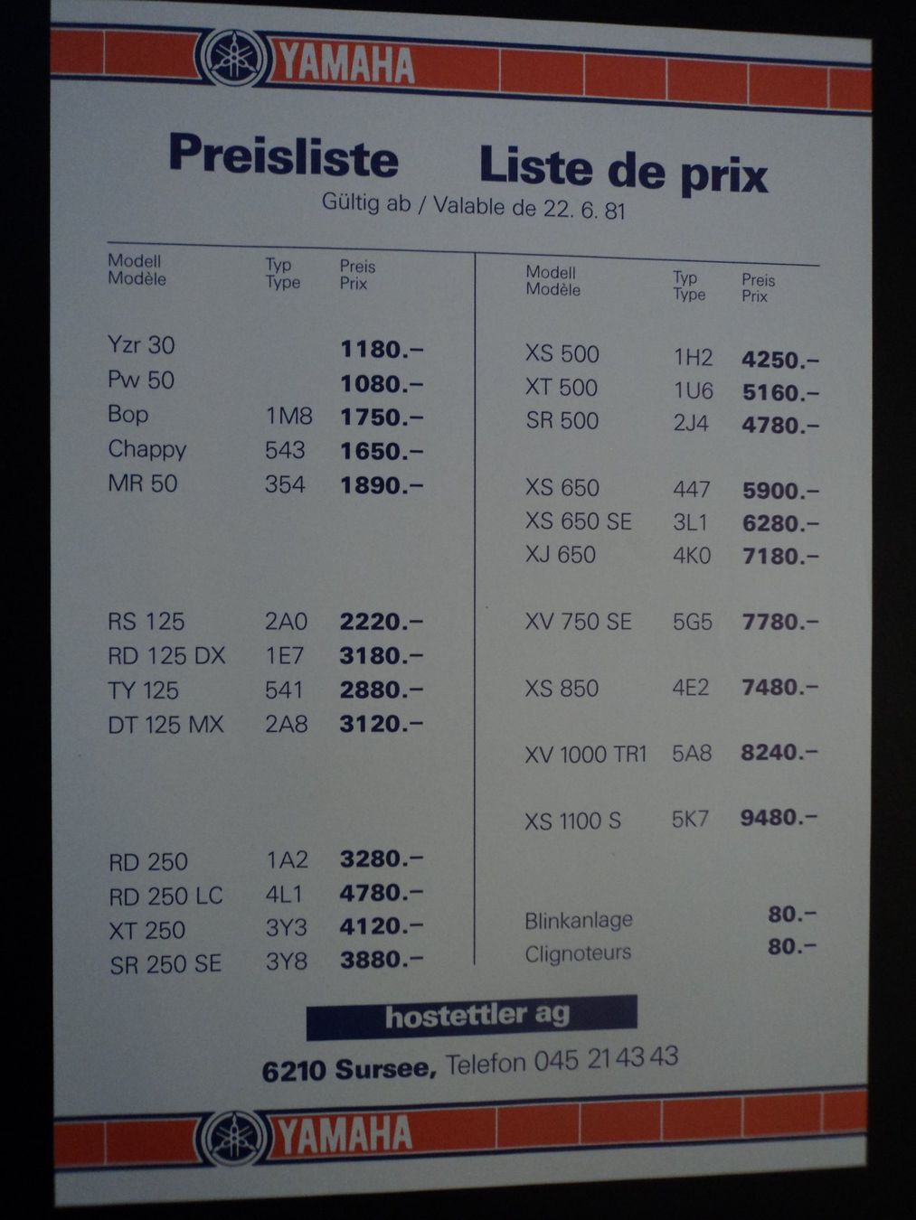 Documents: Prospekt Preisliste Yamaha 1981 – D'occasion à Schwarzenburg par modelCARama