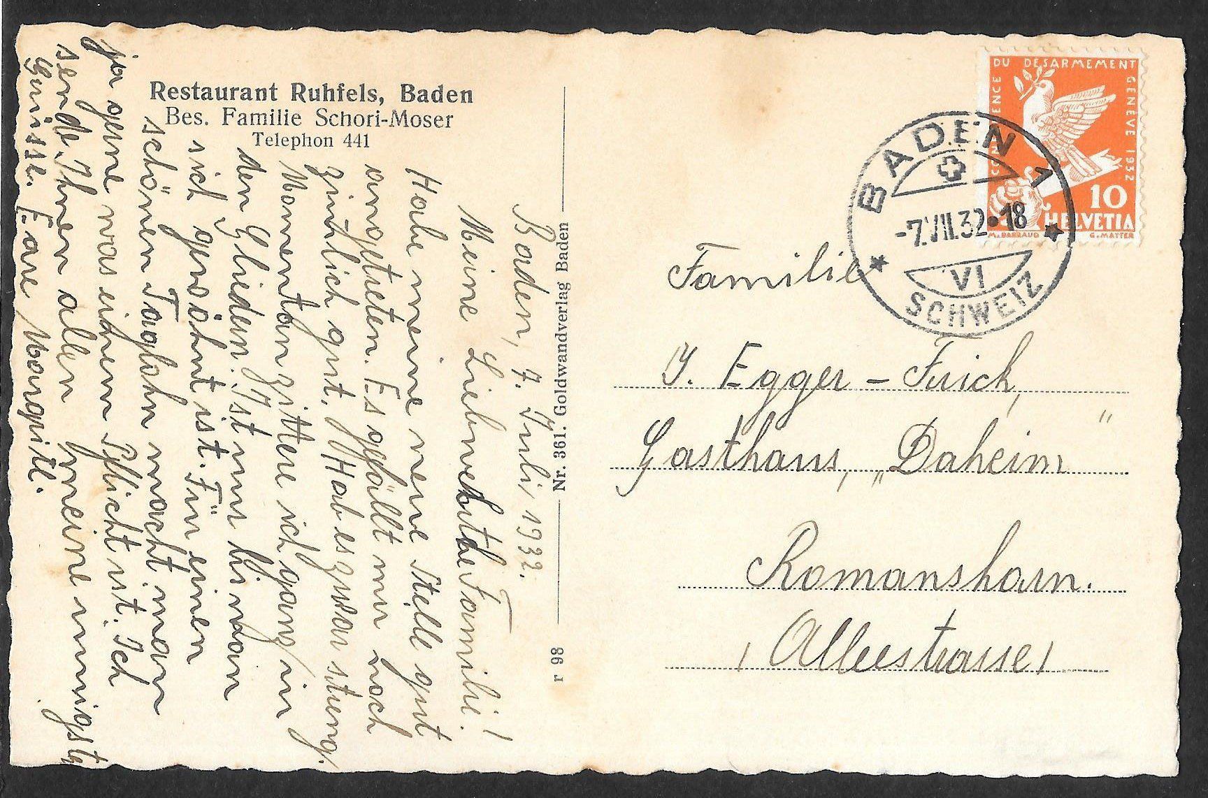 Cartes postales: Baden Restaurant Ruhfels – D'occasion à Olten par clotaldi 1