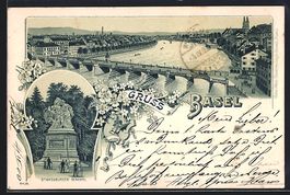 Litho Basel, Uferpartie mit Brücke, Str