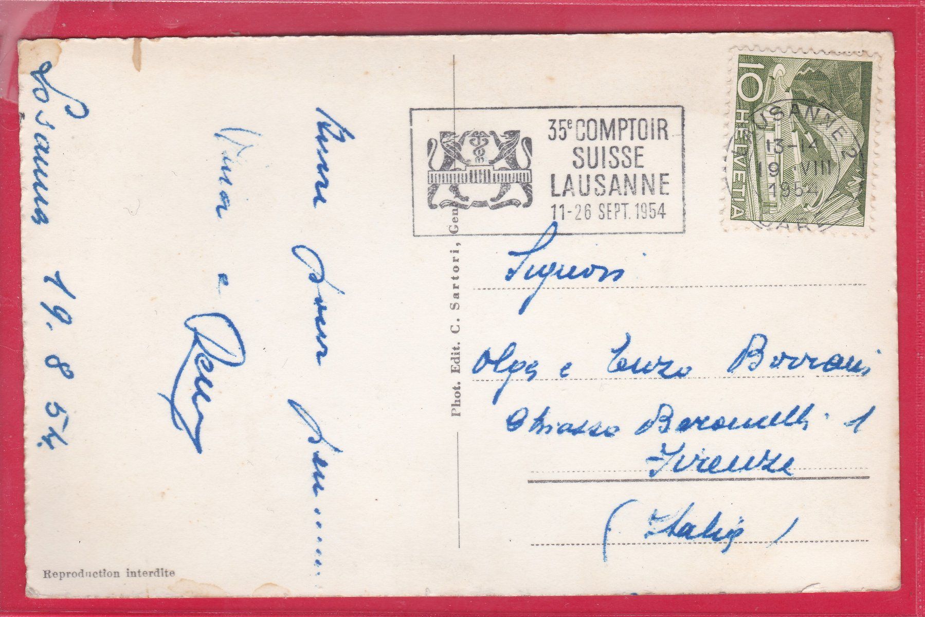 Cartoline postali: LAUSANNE, 9.8.1954 – Usato da Oberrieden venduto da Gebirgsstelze 1