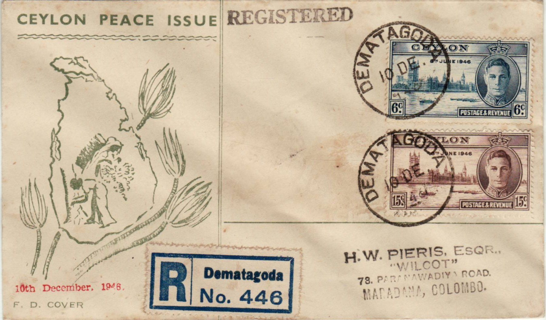 Tutti i francobolli: 073 CEYLON GB, R-BRIEF 1946, FDC PEACE ISSUE – Usato da Bern venduto da markenbak