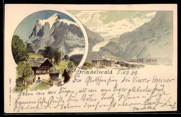 Cartoline postali: Litho Grindelwald, Hotel Bear mit Bergpa – Usato da Berlin venduto da bartko-reher