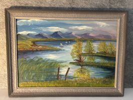 Ölgemälde Landschaft See Segelboote signiert gerahmt 1965 👍