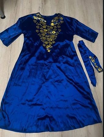 Satin Abaya Maxikleid Kaftan Royalblau/Gold Gr. 34-36