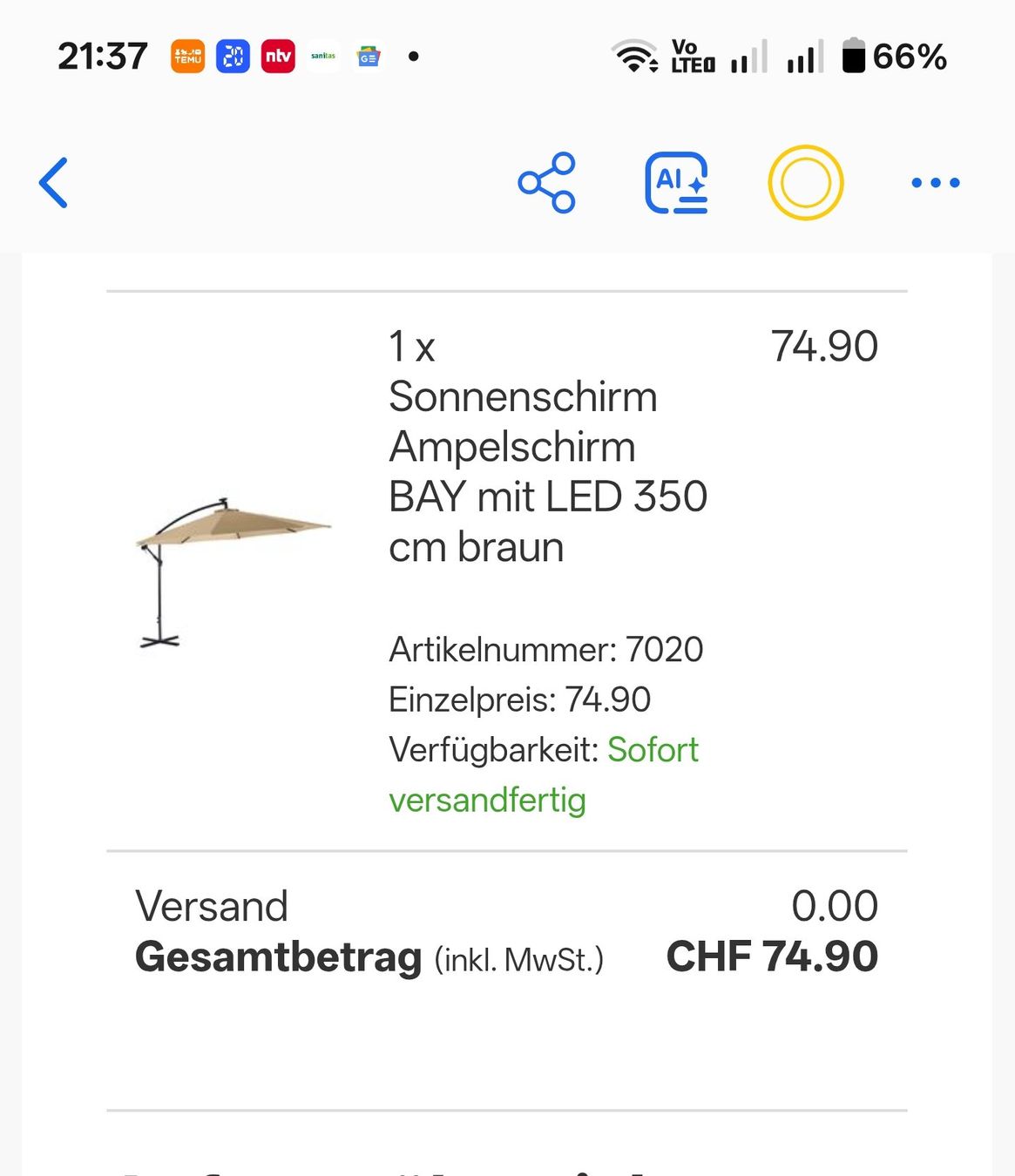 Sonnenschirme: Sonnenschirm – Neu (gemäss Beschreibung) aus Neftenbach von Neftiboy 1