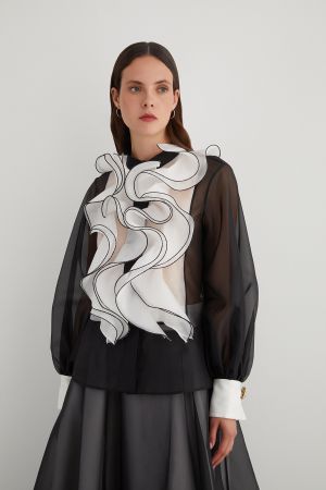 Elegante schwarze Bluse mit extravaganter Rüsche Gr. 40