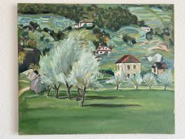 Landscape Oil Painting, Spring Blossom Scene Art