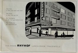 Vintage Reklame, Tea-Room Rhyhof, Frauenfeld, 1954