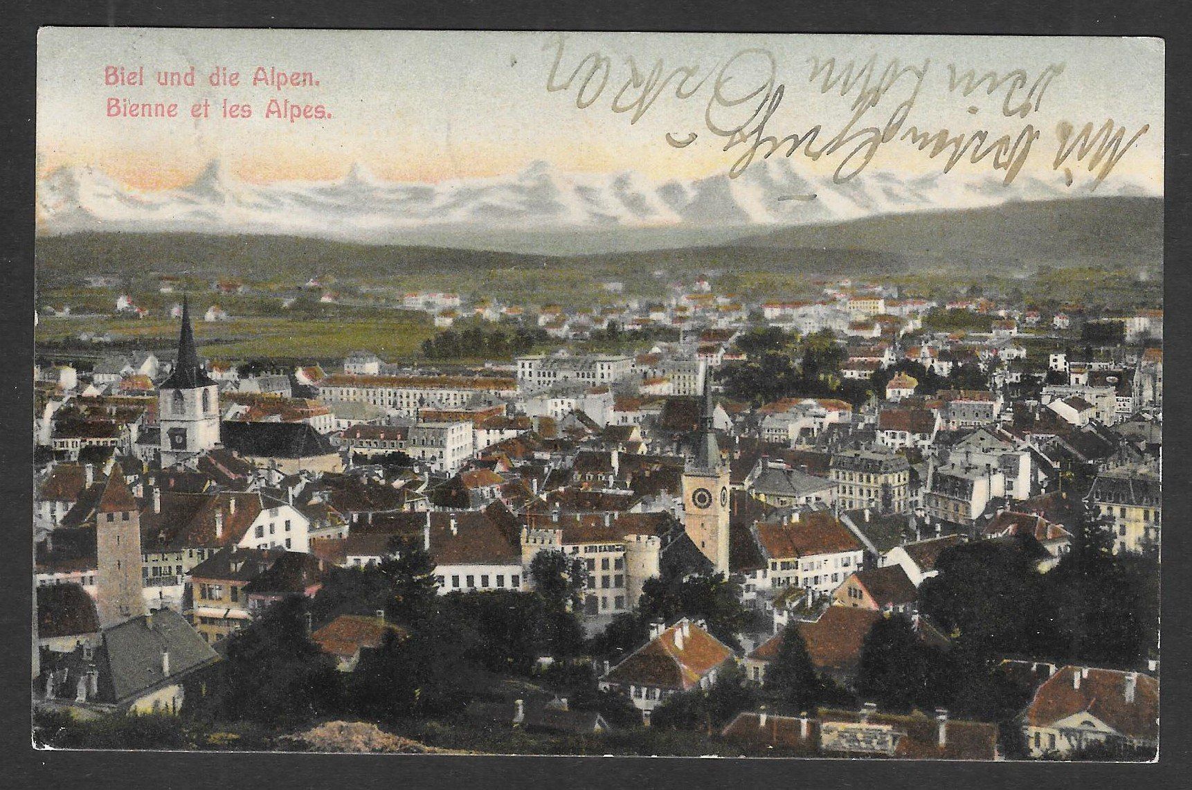 Cartoline postali: Biel - Bienne Generalansicht und die Alpen – Usato da Olten venduto da clotaldi