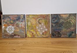 3er Set Bilder Acryl & Häkelspitze Kunst Wanddeko