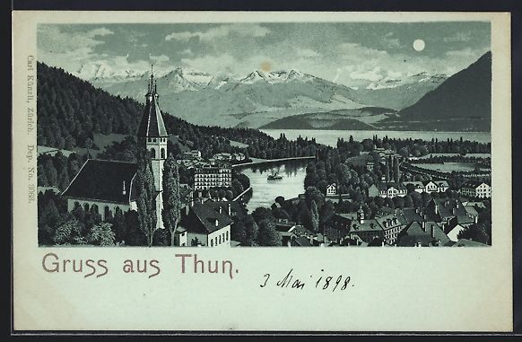 Cartoline postali: Mondschein-Lithographie Thun, Ortsansich – Usato da Berlin venduto da bartko-reher