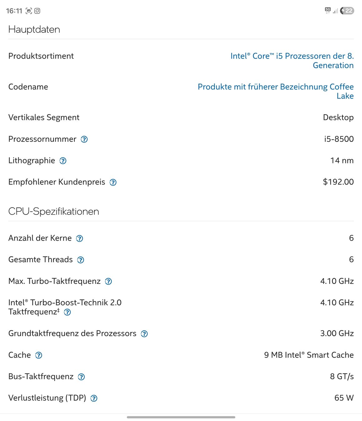 Intel Mainboards: Intel Core i5-8500 CPU – Gebraucht aus Riehen von cosh 1