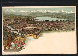 Litho Zürich, Panoramablick auf Stadt u