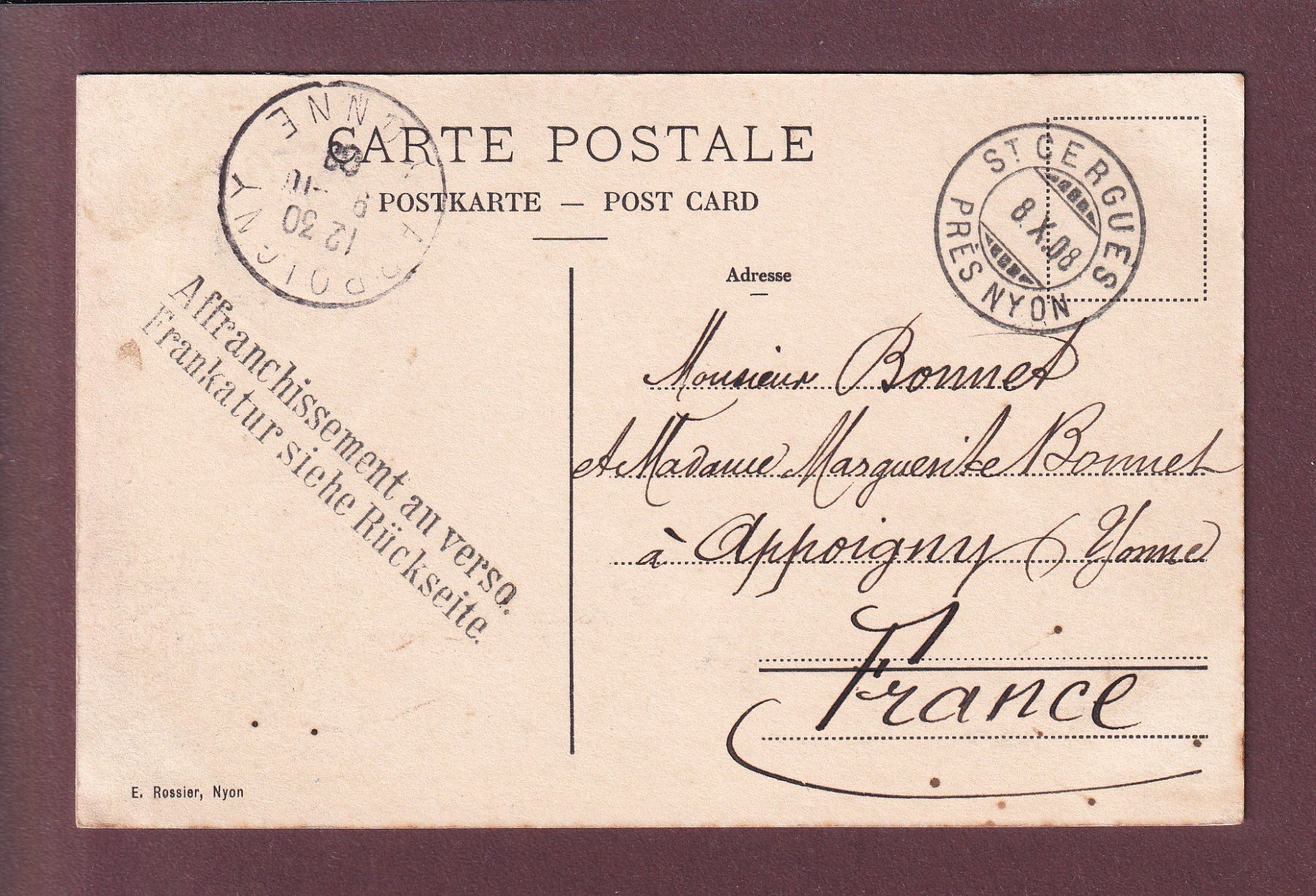 Ansichtskarten: ST. CERGUES - 1908 – Gebraucht aus Pully von nicecards 1