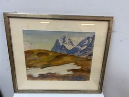 Aquarell von Oskar Weiss 1932 Gebirgslandschaft hinter Glas