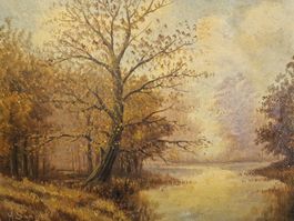 Gemälde Herbstlandschaft mit Bäumen und Fluss. Signiert