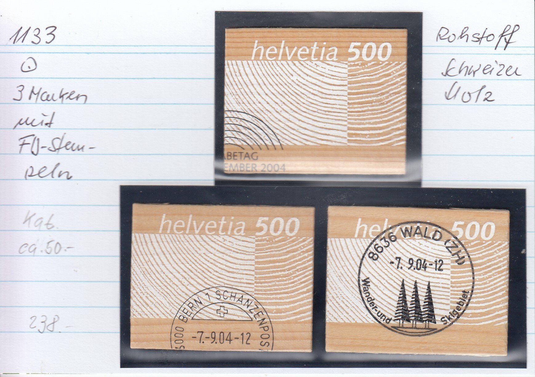 Tutti i francobolli: 1133  3 Marken diverse FD-Stempel - Rohstoff Schweizer Holz – Usato da Spreitenbach venduto da Lienbi01 1