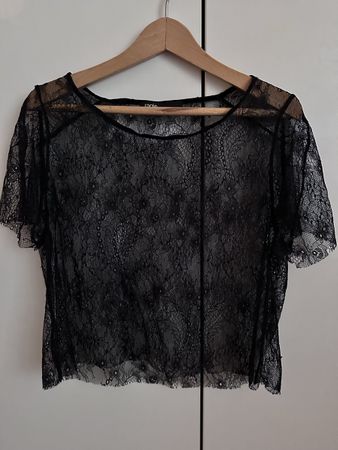 Damen Spitzen Crop Top Schwarz Kurzarm