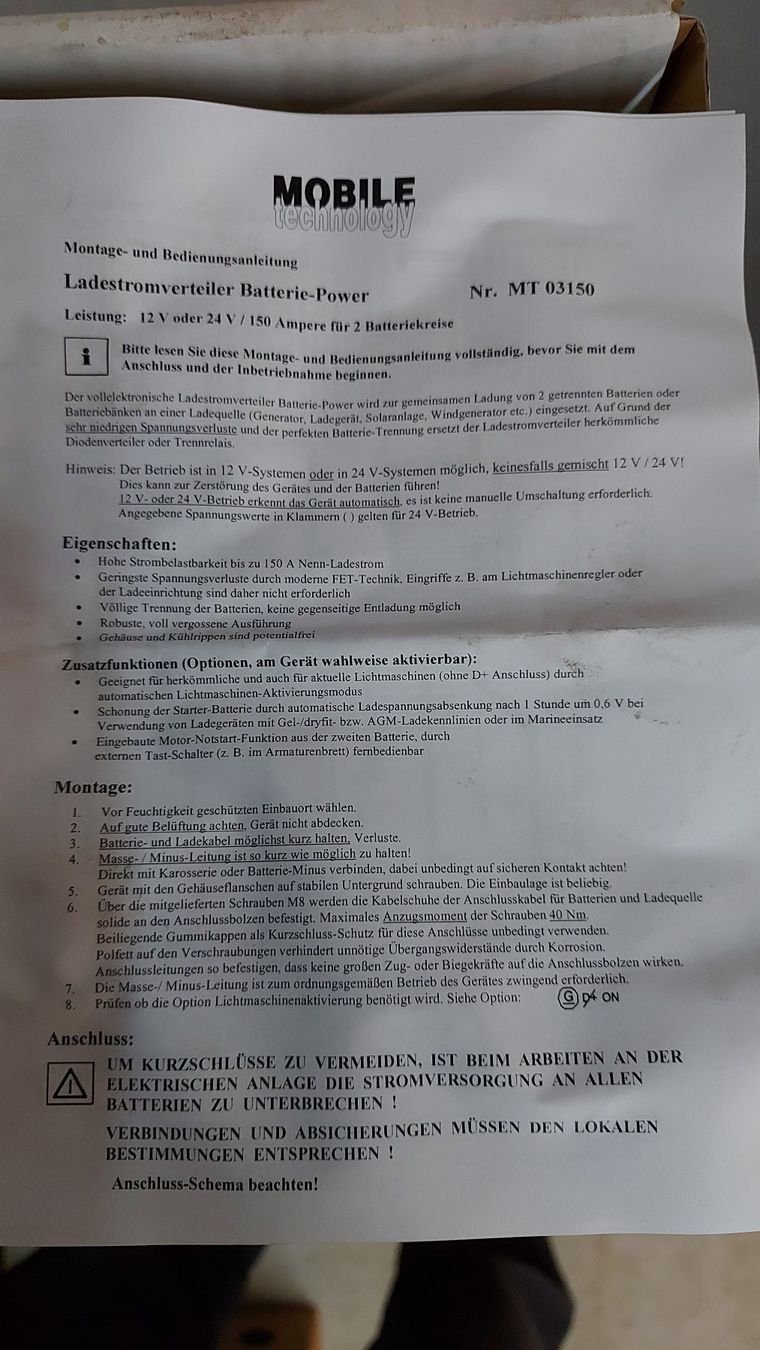 Alimentazione elettrica: Mobile MT 03150 Ladestromverteiler 12V oder 24V 150A – Usato da Schönengrund venduto da nae_8cty 1