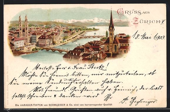 Cartoline postali: Litho Zürich, Teilansicht mit Kirche un – Usato da Berlin venduto da bartko-reher