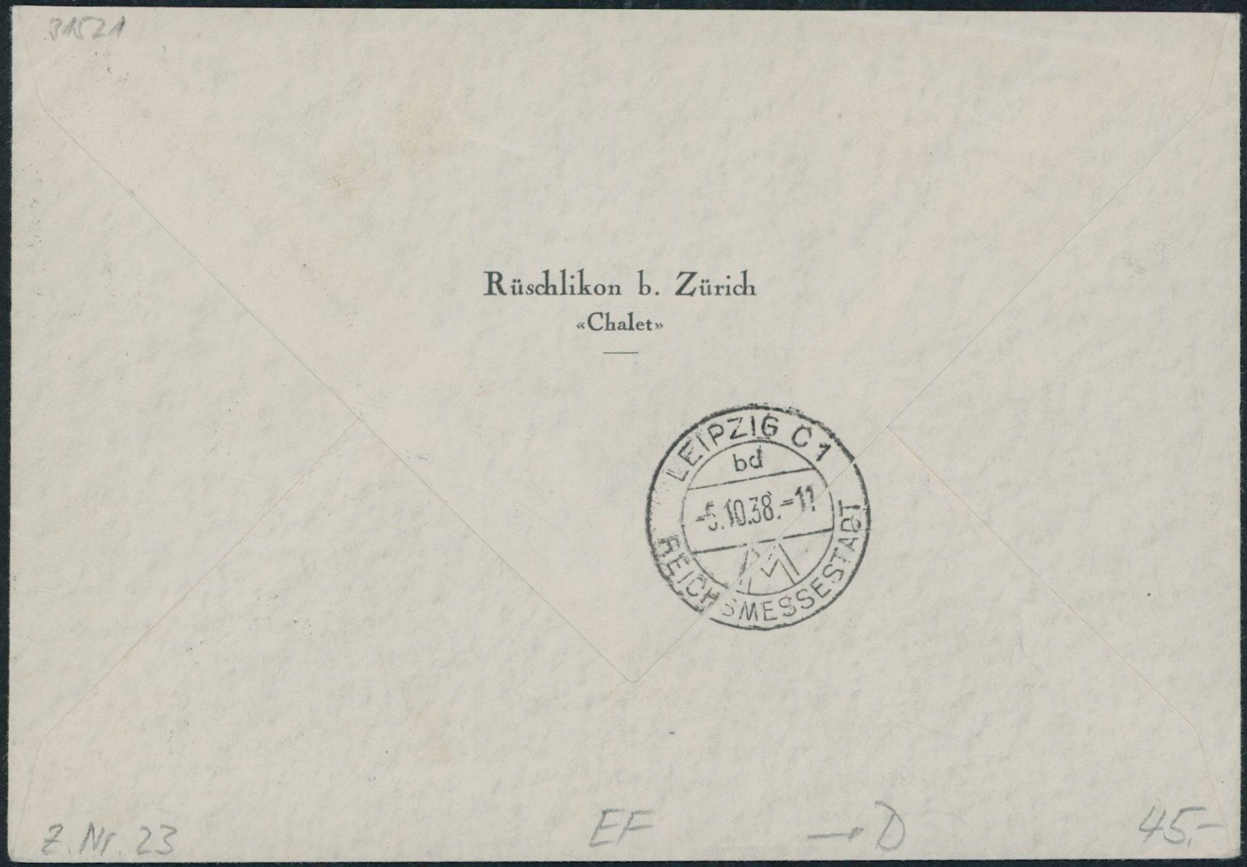 Tutti i francobolli: 1938 - Flugpost - Brief - EF - nach D – Usato da Schindellegi venduto da leecollect 1