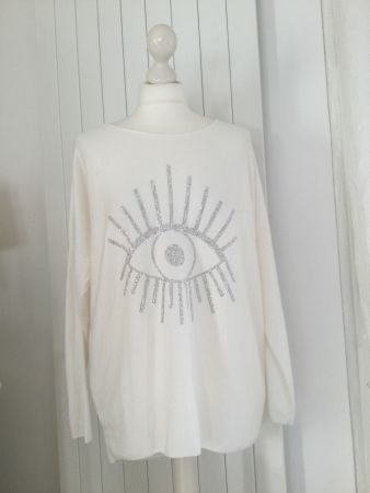 Pull blanc avec motif œil en strass TODAY, taille S/M, NEUF