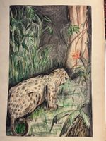Gemälde auf Papier: Leopard im Art Deco Stil Signiert 1946