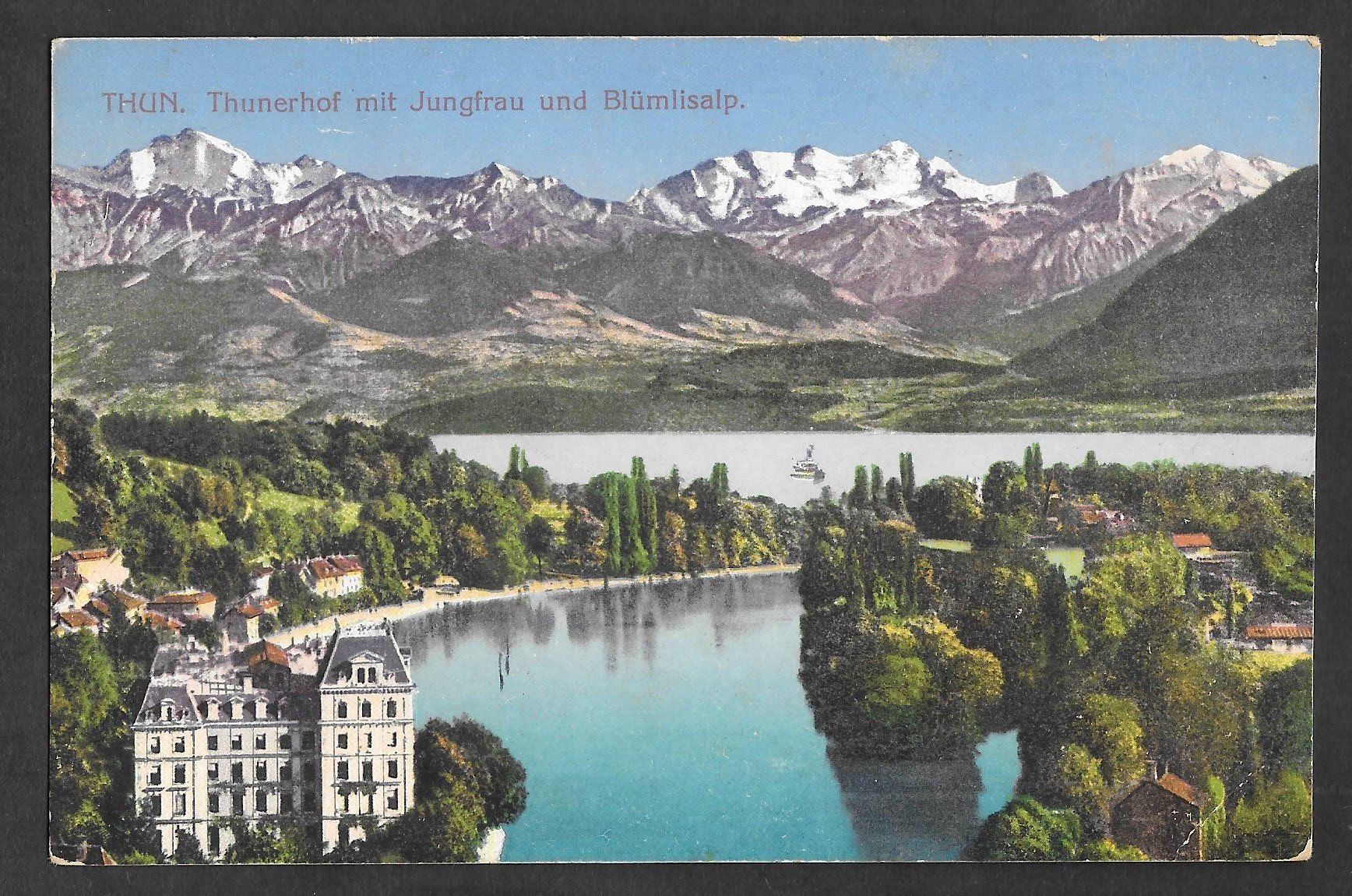 Ansichtskarten: Thun Thunerhof mit Jungfrau und Blümlisalp – Gebraucht aus Olten von clotaldi