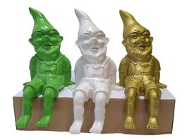 IKARUS Gartenzwerg Sitting Gnomy Grün, Weiss, Gold, 3er-Set