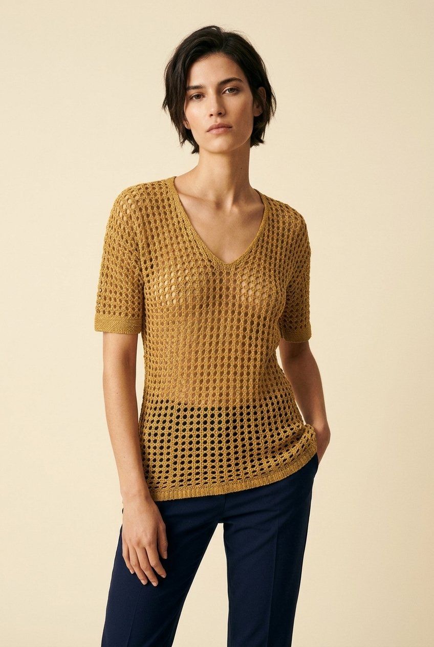 Top: Vintage Top Maille Ajourée Ocre T. L – Usato da Fribourg venduto da re-fine